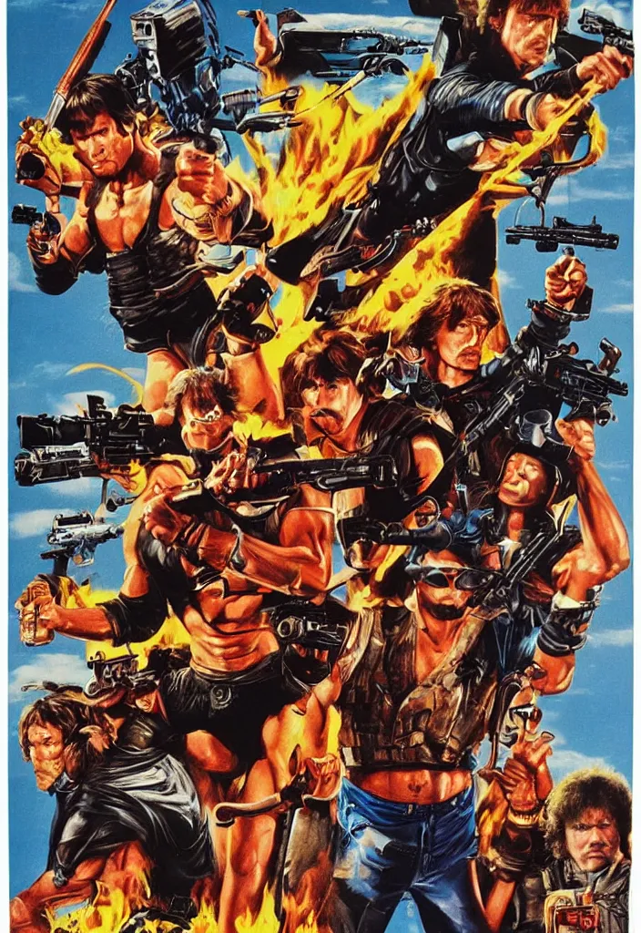 Prompt: 1 9 8 0's super duper action movie poster, rambo, conan, he - man, robocop, skeletor, explosions, guns, fast cars, glossy high quality print