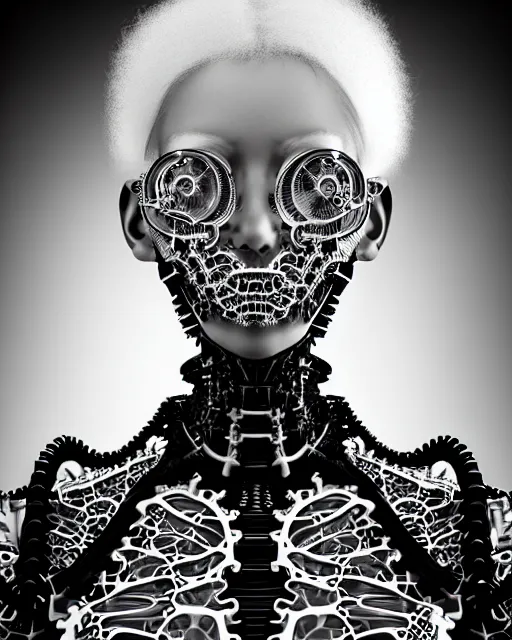 Prompt: black and white photo portrait of complex biomechanical young female cyborg with a mandelbrot fractal face, silver hair, 150 mm lens, soft rim light, fine foliage super big lace collar, Alexander McQueen, high fashion, haute couture, rococo, steampunk, silver filigree details, anatomical, facial muscles, cable wires, microchip, elegant, hyper realistic, octane render, unreal engine, H.R. Giger style, volumetric lighting, 8k,