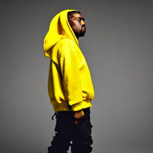 Prompt: Kanye West in a yellow pikachu! hoody, Studio Photograph, portrait C 12.0