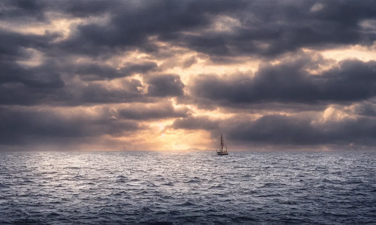 Prompt: eerie sun setting over stormy sea, photo realistic, hyperreal, bough of boat in foreground