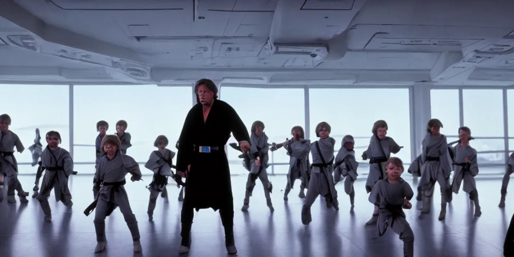 Prompt: A still of Mark Hamill as Jedi Master Luke Skywalker training a room full of young Jedi padawans, with large windows showing a sci-fi city outside, at dusk at golden hour