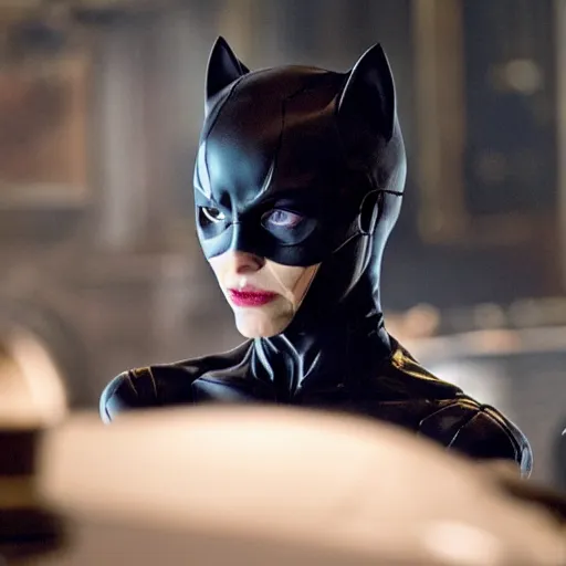 Image similar to film still of williem dafoe as catwoman in the new batman movie, 4 k