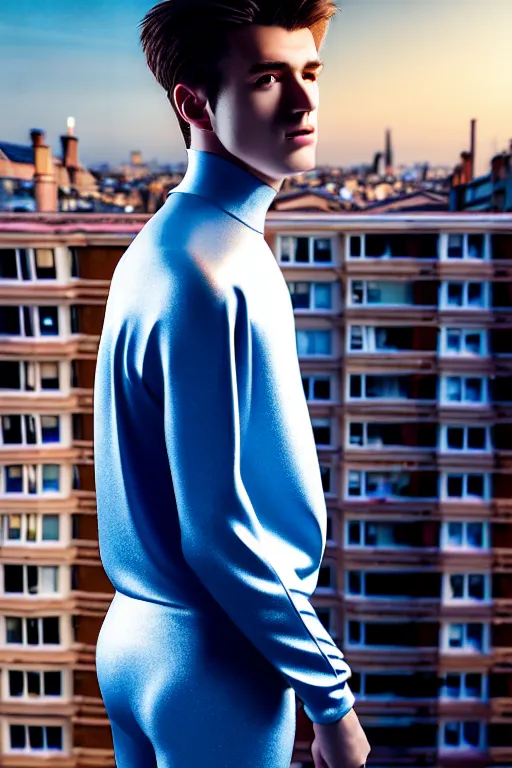 Image similar to un ultra high definition studio quality photographic art portrait of a young man standing on the rooftop of a british apartment building wearing soft padded silver pearlescent clothing. three point light. extremely detailed. golden ratio, ray tracing, volumetric light, shallow depth of field. set dressed.