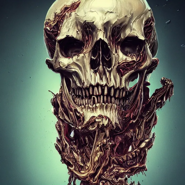 Prompt: portrait of a melting skull. razor sharp teeth. nightmare fuel. intricate abstract. intricate artwork. by Tooth Wu, wlop, beeple, dan mumford. octane render, trending on artstation, greg rutkowski very coherent symmetrical artwork. cinematic, hyper realism, high detail, octane render, 8k, iridescent accents