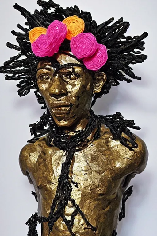 Image similar to papercraft scene made entirely of pipecleaners and crumpled foil of Jean-Michel Basquiat as a full-body bronze baroque statue of Icarus in the posing like a bird for flight, crown of peach roses, flowing pink-colored silk, fabric, flowers. baroque elements, human skull. full-length view. baroque element. intricate artwork by caravaggio. many many birds birds on background. Trending on artstation, octane render, cinematic lighting from the right, hyper realism, octane render, 8k, depth of field, 3D