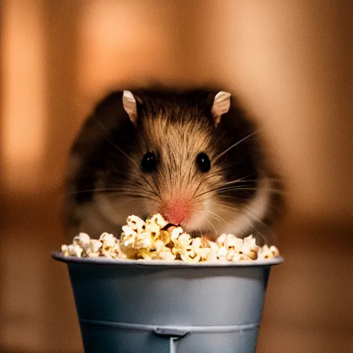 Prompt: photo of a hamster, swimming inside a bucket of popcorn, various poses, unedited, soft light, sharp focus, 8 k