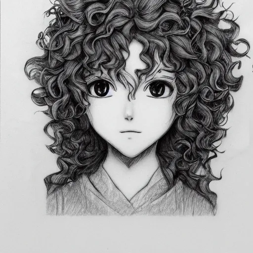 Image similar to pencil sketch of an anime girl with a curly hair, perfect symmetrical face, highly detailed, textured paper, trending on artstation, deviantart