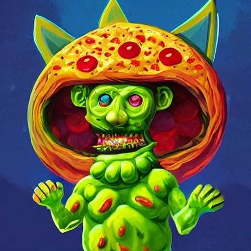 Image similar to pizza monster, colorful, digital art, fantasy, magic, trending on artstation, ultra detailed, professional illustration by Basil Gogos