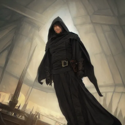 Image similar to dramatic pale male rogue in black robes on a ship deck, fantasy, D&D, full body portrait, piercing stare, highly detailed, digital painting, artstation, concept art, matte, sharp focus, illustration, art by artgerm and greg rutkowski and alphonse mucha