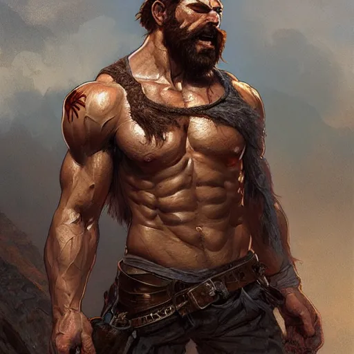 Image similar to portrait of a young rugged beserker, muscular, upper body, hairy torso, D&D, fantasy, intricate, cinematic lighting, highly detailed, digital painting, artstation, concept art, smooth, sharp focus, illustration, art by Artgerm and Greg Rutkowski and Alphonse Mucha