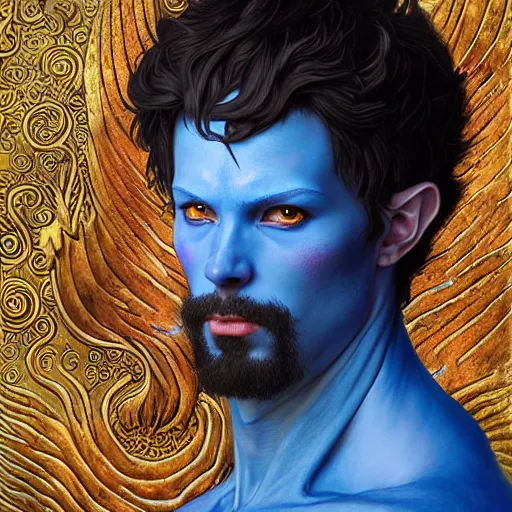 Image similar to half length portrait of a medieval fantasy sorcerer, a male blue dragon with electrcity magic, fantasy, d & d, high details, art by ( ( ( kuvshinov ilya ) ) ) and wayne barlowe and gustav klimt and artgerm and wlop and william - adolphe bouguereau