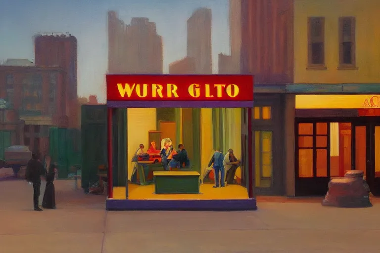 Image similar to a 7 0 s art gallery exhibition, colors americana, cinematic, volumetric lighting, ultra wide angle view, realistic, detailed painting in the style of edward hopper