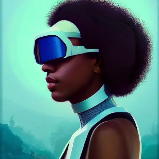 Prompt: Beautiful woman wearing opaque reflective goggles profile picture by Greg Rutkowski, brown skin, long afro hair, asymmetrical, futuristic, cool colors, streetwear, studio ghibli, Organic Painting , Matte Painting, geometric shapes, hard edges, street art, trending on the artstation, fantasy LUT, realistic by Sachin Teng,