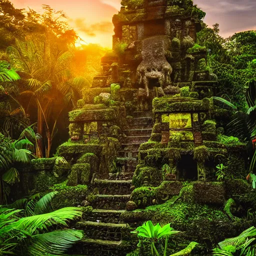 Image similar to a jungle temple surrounded by moss and tropical flowers, with a sunset, by alex horley, bokeh photography