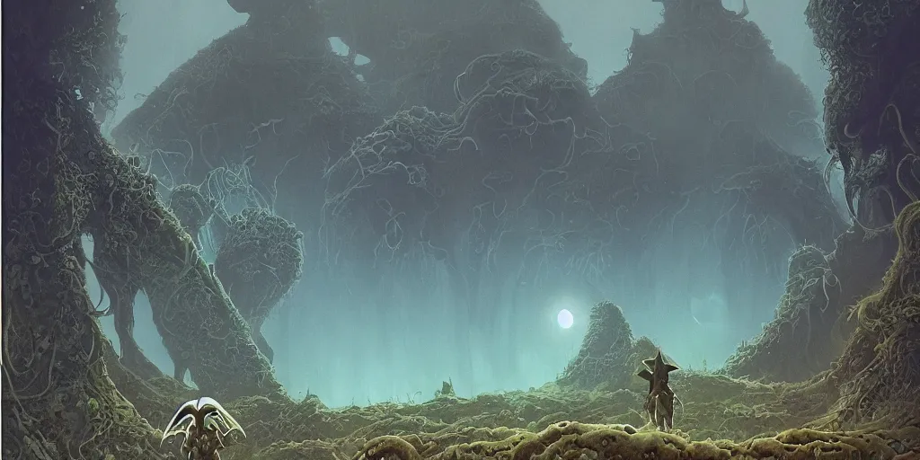 Image similar to highly detailed illustration of a tiny figure standing before an alien cephalopod in a world overgrown with fungus and spores, diffuse lighting, fog, stunning atmosphere, religious imagery, huge gargantuan black sun, nausicaa, muted colors, by roger dean, kilian eng and james jean