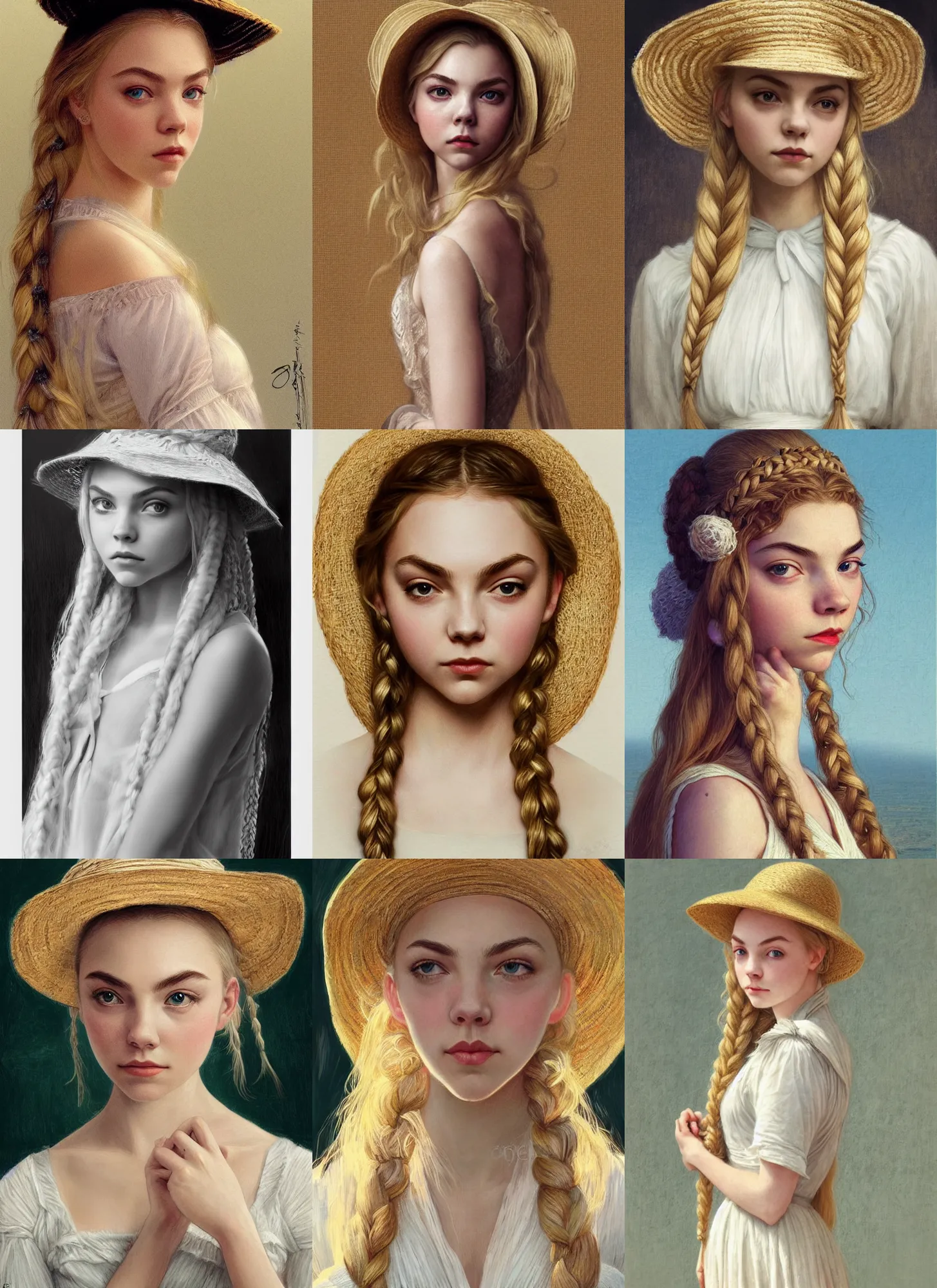 Prompt: anya taylor - joy, annasophia robb, portrait, blond, wearing straw hat, symmetrical face, long braided blond hair, white dress, intricate, elegant, highly detailed, artstation, concept art, smooth, sharp focus, illustration, bouguereau, rutkowski, mucha