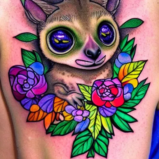 Image similar to shoulder tattoo of a multicolored psychedelic cute bushbaby, eyes are colorful spirals, surrounded with colorful flowers and marihuana leaves, insanely integrate