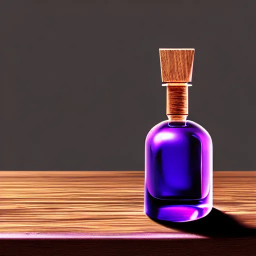 Prompt: hyper realistic poison bottle, purple liquid inside on a wood table. the bottle is design like a perfume bottle. background is a dark ancient laboratory complex architecture wood and stone. professional digital art, dnd style, ultra detailed, trending on artstation, concept art, octane render, unreal engine 5, 8 k rendering.