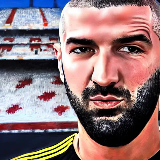 Image similar to A realistic hyperdetailed wide-shot digital oil portrait painting of an benzema in the style of quentin tarantino