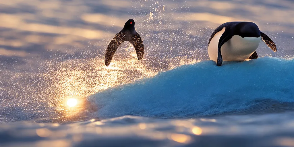 Image similar to penguin surfing a wave at the sunrise