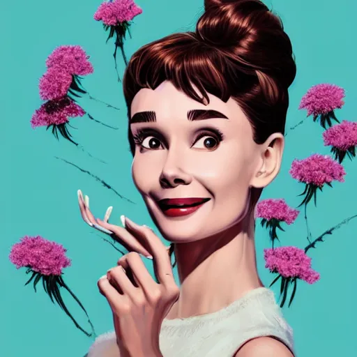 Prompt: portrait of audrey hepburn smiling with flowers in hands. sharp focus, cinematic pose, cinematic lighting, unreal engine render. art by josan gonzales and moebius and deathburger.