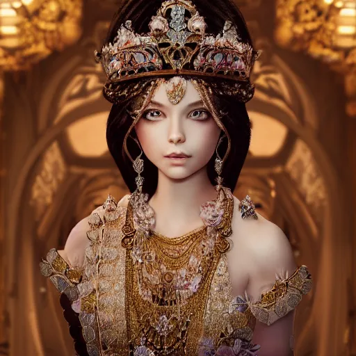 Image similar to portrait of pretty princess with perfect skin, glowing, ornate and intricate diamond jewelry, jaw dropping beauty, ornate and intricate backdrop, white accent lighting, hyper detailed, 4 k octane render