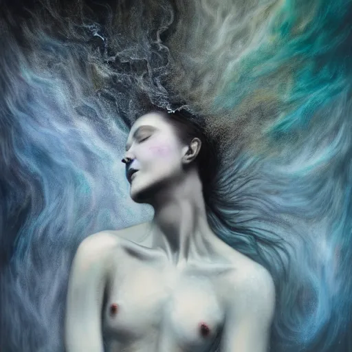 Image similar to hyperrealism fluid smoke art splash melt ghost woman representing memories from long ago hd 8 k by gustave dore and michaelangelo