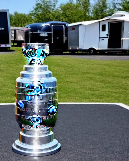 Prompt: a photo of the stanley cup in front of a trailer park