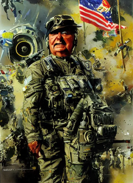 Image similar to cyborg militar pinochet painting by john berkey