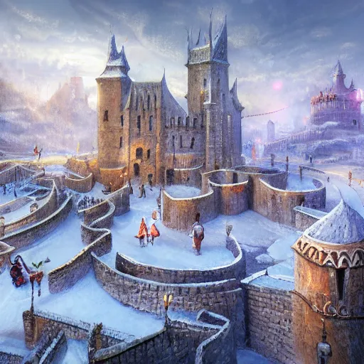 Image similar to fantasy concept art, high detail, 8k, snow covered walled medieval city, labyrinth in the background