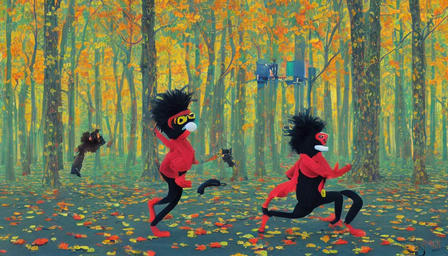 Prompt: safety cones scattered around an oak tree forest, man in muppet gorilla sri lankan costume dancing in the distance dancing, by james jean by ilya kuvshinov kintsugi, hyper detailed surrealist painting