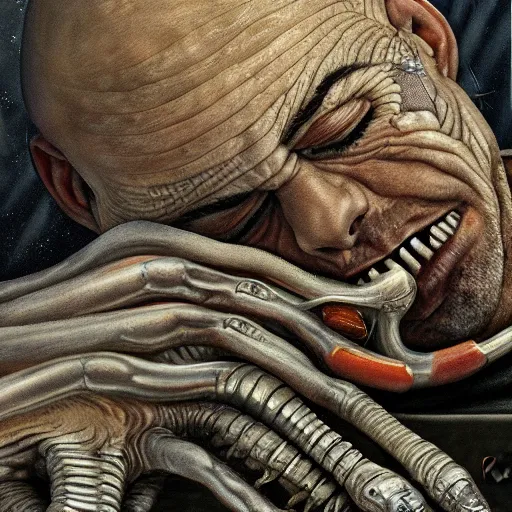 Prompt: joe rogan sleeping by H. R. Giger trending on artstation, detailed art, oil painting, high fantasy, horror, science fiction