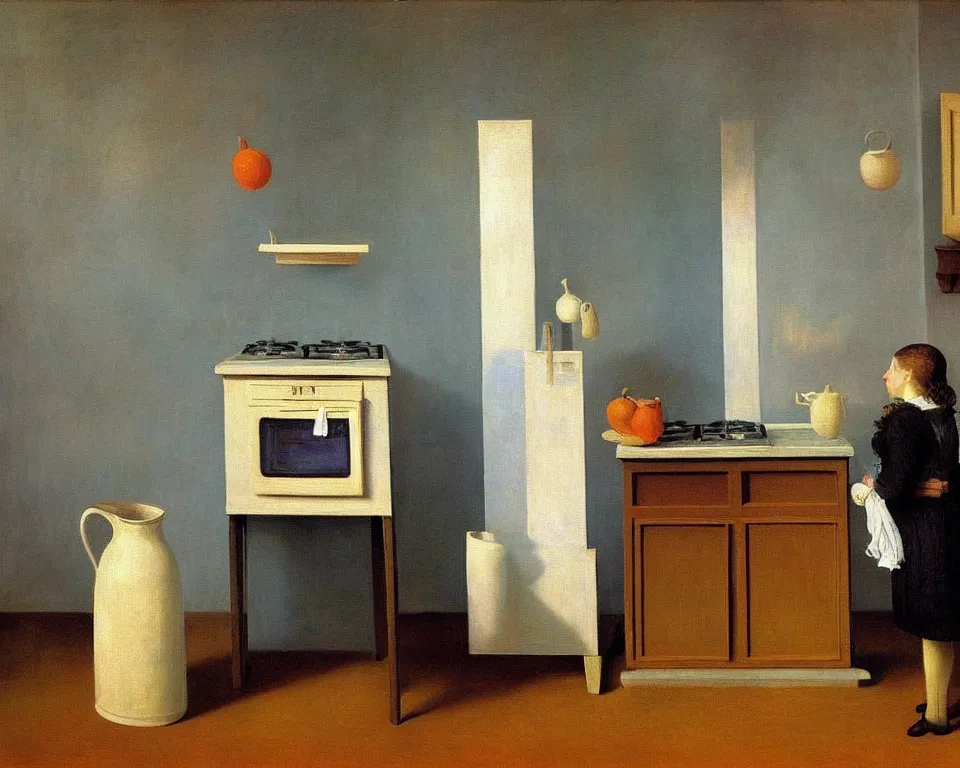 Prompt: achingly beautiful painting of a sophisticated, well - decorated kitchen stove by rene magritte, monet, and turner. whimsical.