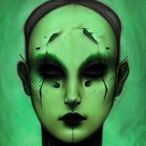 Prompt: sad man, half of face is gone, green and black, despair, by Anato Finnstark, Tom Bagshaw, Brom