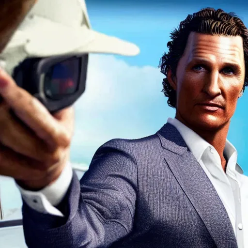 Prompt: matthew mcconaughey as a GTA style character on a loading screen, 4k, high detail, high-resolution photograph, professional photography, ultra-detail