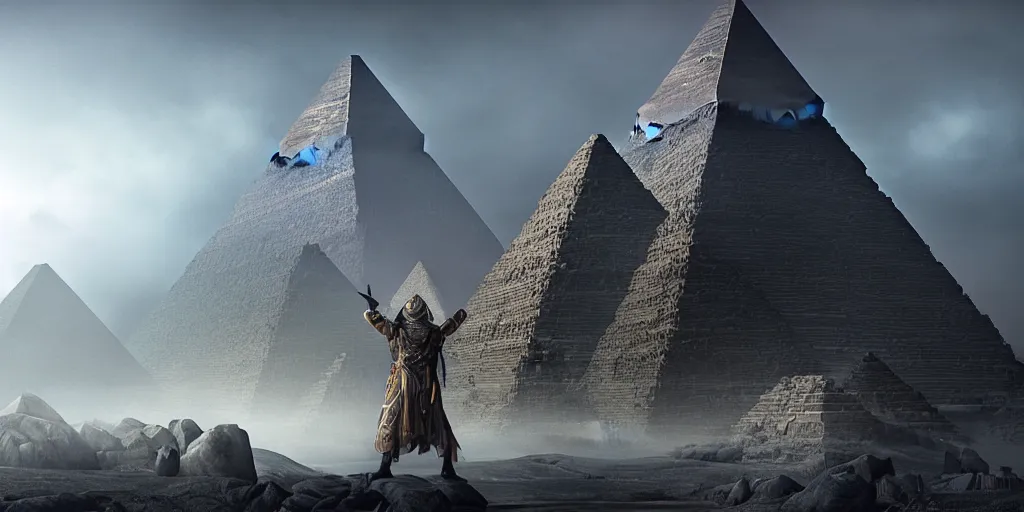 Image similar to Photorealistic epic intricate detailed dark wizard with arms outstretched, casting spells in front of an ominous Egyptian pyramid. a gentle rising mist, an epic rocky landscape. occult photorealism, UHD, amazing depth, glowing, golden ratio, 3D octane cycle unreal engine 5, volumetric lighting, cinematic lighting, cgstation artstation concept art