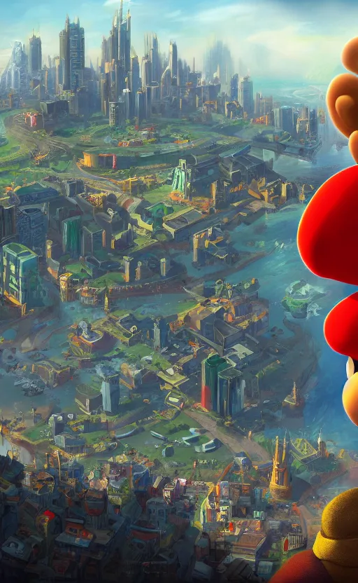 Prompt: a painting of mario, a city in the background, ultra detailed, high fantasy, 4 k, trending on artstation, cinematic, concept design