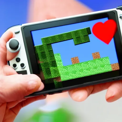 Prompt: hand holding nintendo switch with heart icon on screen with minecraft background