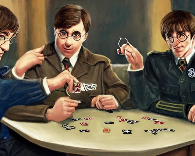 Image similar to daniel raddclife as harry potter and adolf hitler playing poker together, highly detailed, sharp focus, 8 k