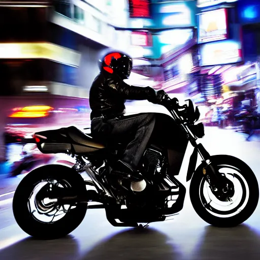 Image similar to a black ( ( ( honda cmx 5 0 0 rebel ) ) ) motorcycle, ridden fast by a metallic futuristic alien cyborg, through the streets of 2 0 5 0's tokyo, neon signs, blurred crowded streets, slight motion blur background