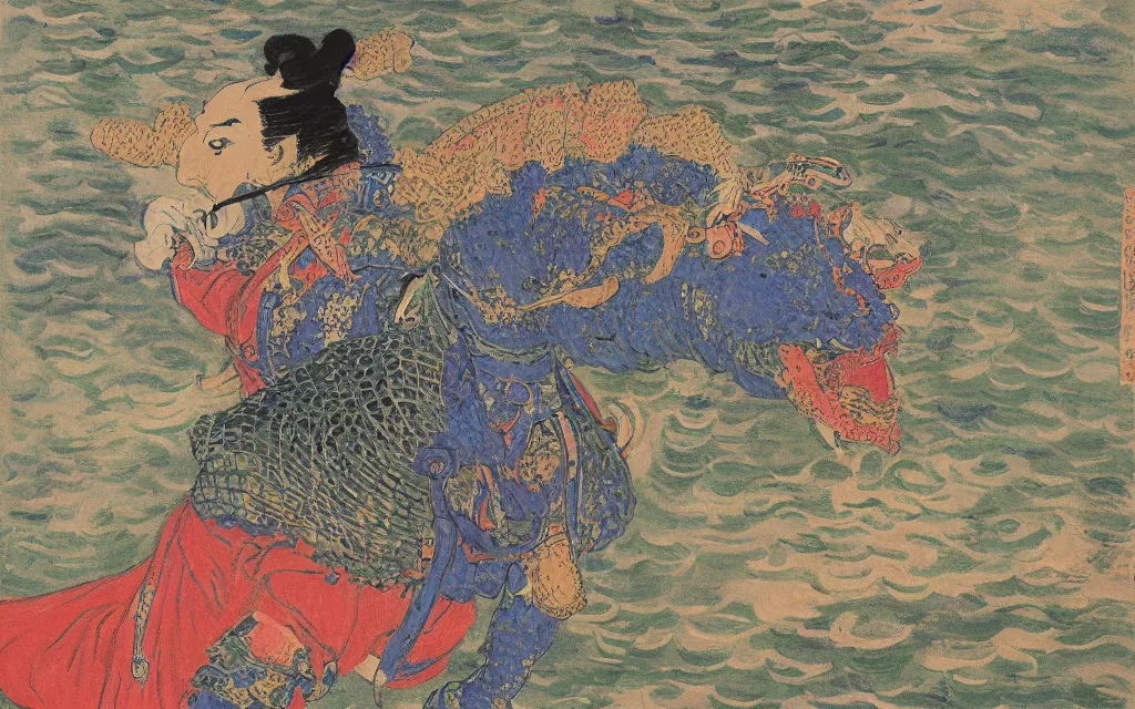 Prompt: a magical fantastic samurai with a crocodile mask by monet, with animal clients lining up in front, made with millions of stroke, japanese inspiration, wonderful details, crazy colors 1 0 %, pale sober colors 9 0 %