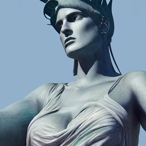 Image similar to rumer willis is the statue of liberty, au naturel, hyper detailed, digital art, trending in artstation, cinematic lighting, studio quality, smooth render, unreal engine 5 rendered, octane rendered, art style by klimt and nixeu and ian sprigger and wlop and krenz cushart.