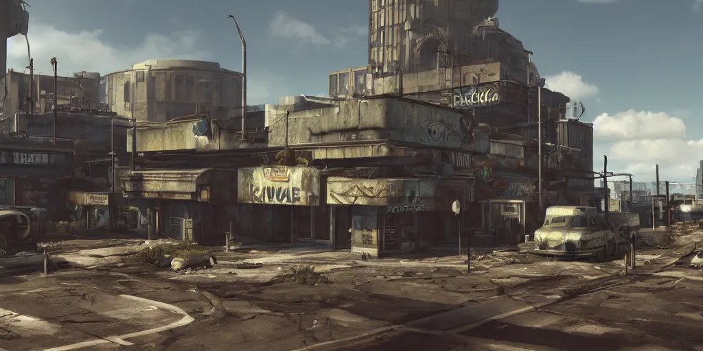 Image similar to fallout concept art neodeco render grim realistic lighting unreal engine 5