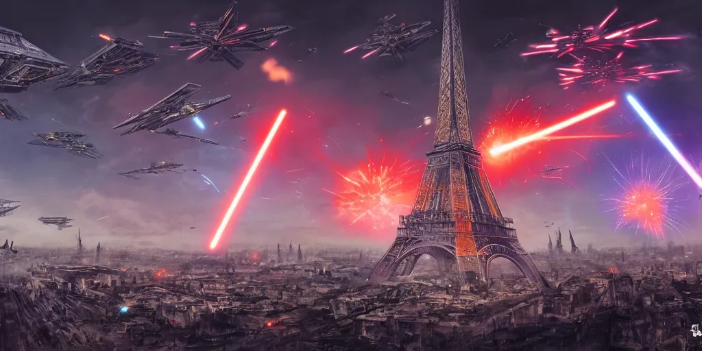 Image similar to Eiffel tower, Huge star wars battle, explosions, lasers, epic fight, shockwave, cinematic battle, vast, sense of scale, trending on art station, 8k