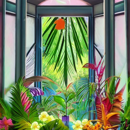 Image similar to a window full of tropical flowers, inside the window you can see the galaxy, fantasy art, trend in artstation