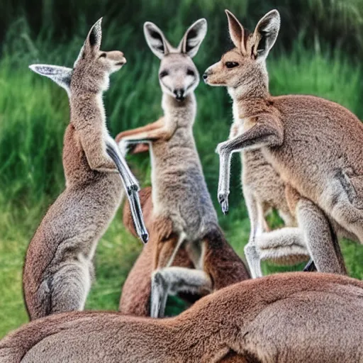 Image similar to photo of three kangaroos in their mother's pouch together. extreme detail, hyperrealistic photo