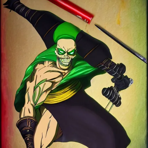 Image similar to portrait painting of skeletor as roronoa zoro, art by eiichiro oda, 4 k, one piece artstyle, cel shaded, highly detailed, epic lighting