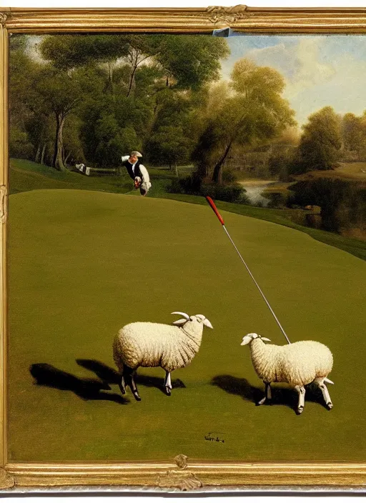 Image similar to a sheep swinging a golf club, sharp focus, matte painting, by isaac levitan and asher brown durand,