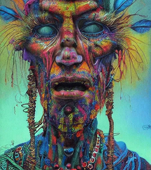 Image similar to Portrait painting in a style of Beksinski mixed with Alex Grey of an old shaman dressed in a colorful traditional clothes. psychodelic