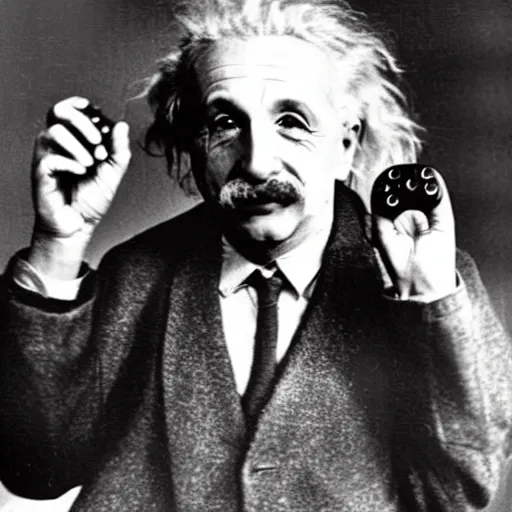 Image similar to photo of einstein holding a ps 5 controller while shouting